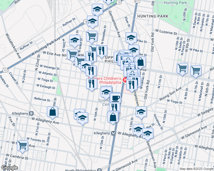 map of restaurants, bars, coffee shops, grocery stores, and more near 3509 North Sydenham Street in Philadelphia