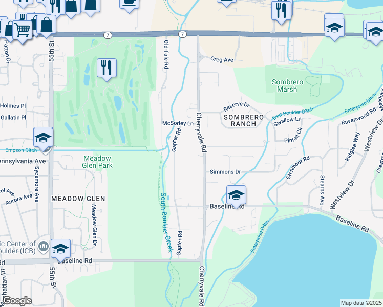 map of restaurants, bars, coffee shops, grocery stores, and more near 1087 Cherryvale Road in Boulder