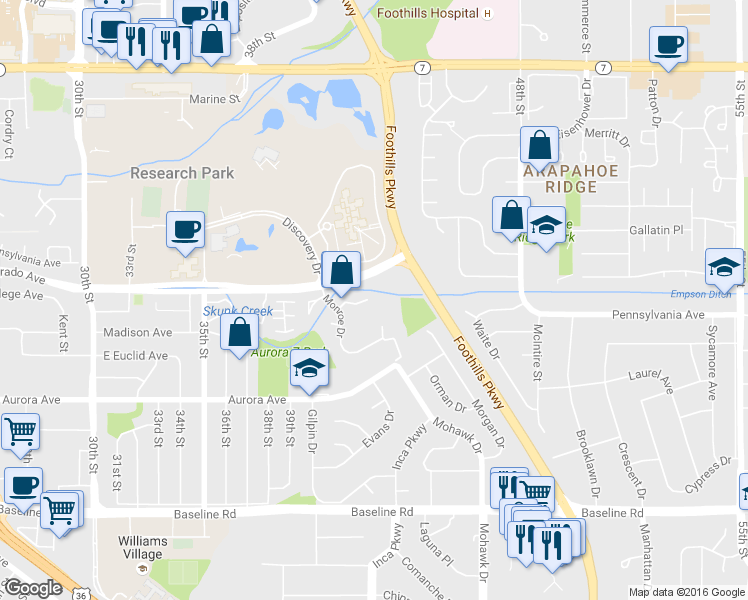 map of restaurants, bars, coffee shops, grocery stores, and more near 1130 Monroe Drive in Boulder