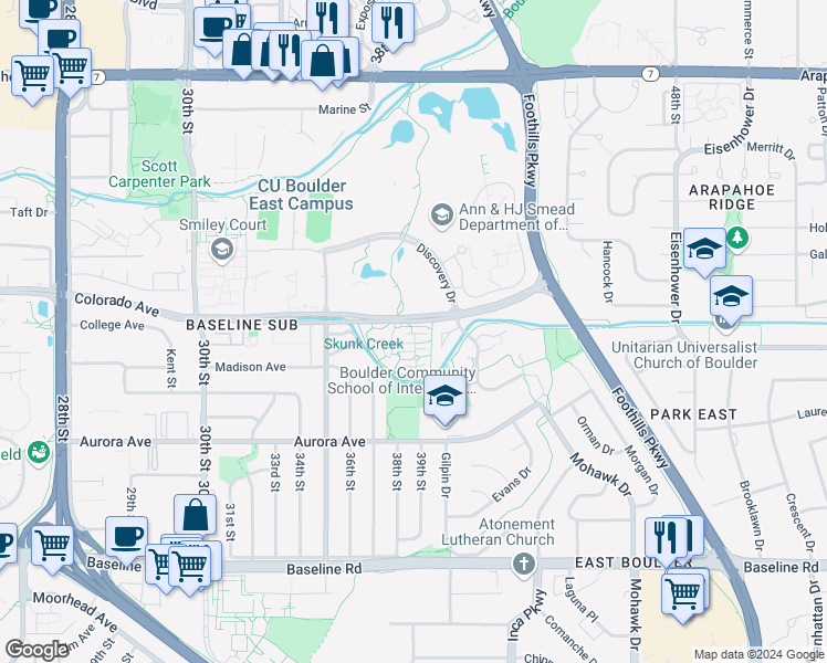 map of restaurants, bars, coffee shops, grocery stores, and more near 3950 Colorado Avenue in Boulder