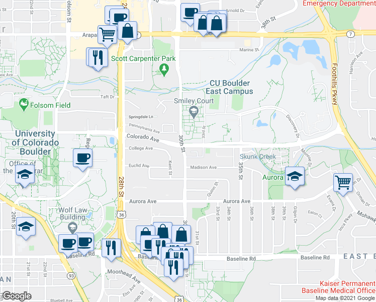 map of restaurants, bars, coffee shops, grocery stores, and more near 1121 30th Street in Boulder