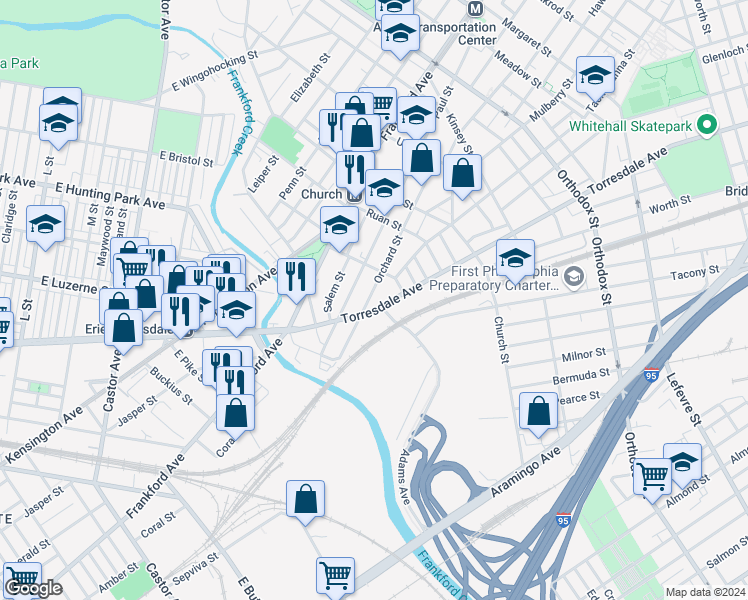 map of restaurants, bars, coffee shops, grocery stores, and more near 4165 Torresdale Avenue in Philadelphia
