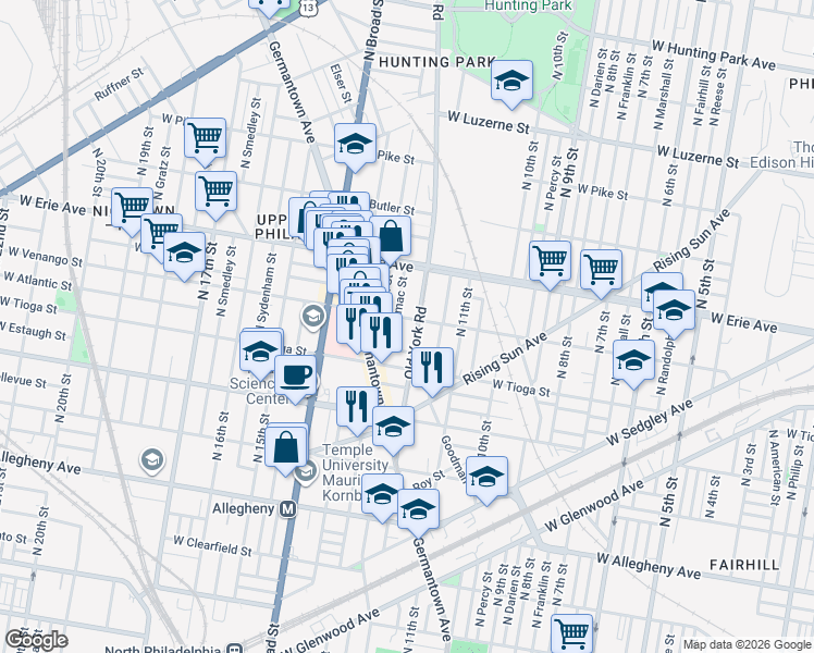 map of restaurants, bars, coffee shops, grocery stores, and more near 3526 Old York Road in Philadelphia