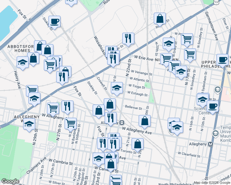 map of restaurants, bars, coffee shops, grocery stores, and more near 2236 West Ontario Street in Philadelphia