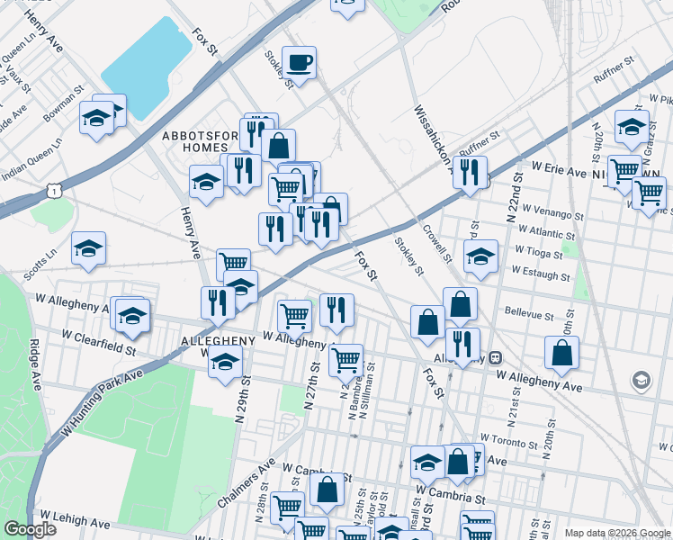 map of restaurants, bars, coffee shops, grocery stores, and more near 2600 West Westmoreland Street in Philadelphia