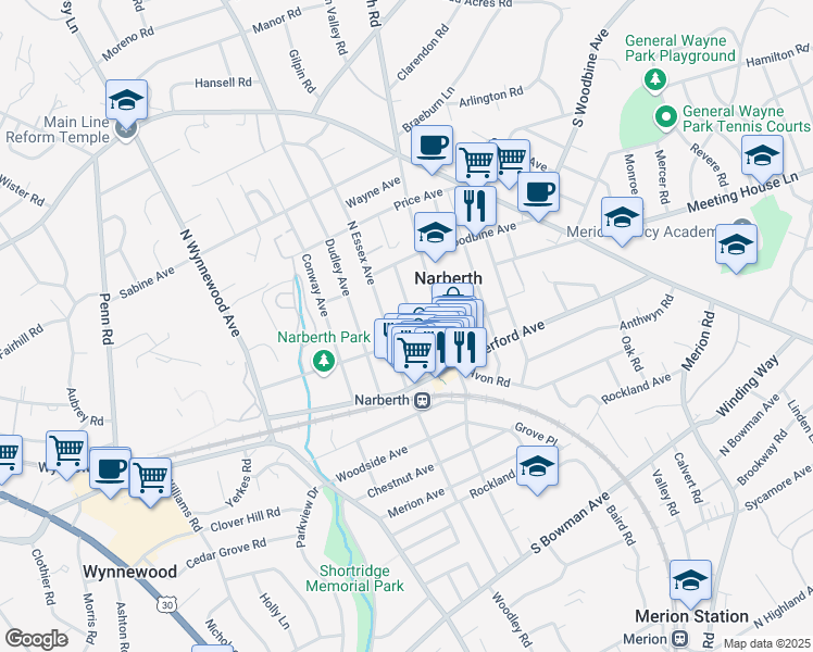 map of restaurants, bars, coffee shops, grocery stores, and more near 109 North Essex Avenue in Narberth