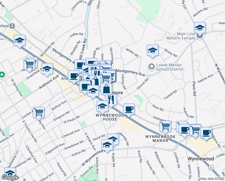 map of restaurants, bars, coffee shops, grocery stores, and more near 110 Sibley Avenue in Ardmore