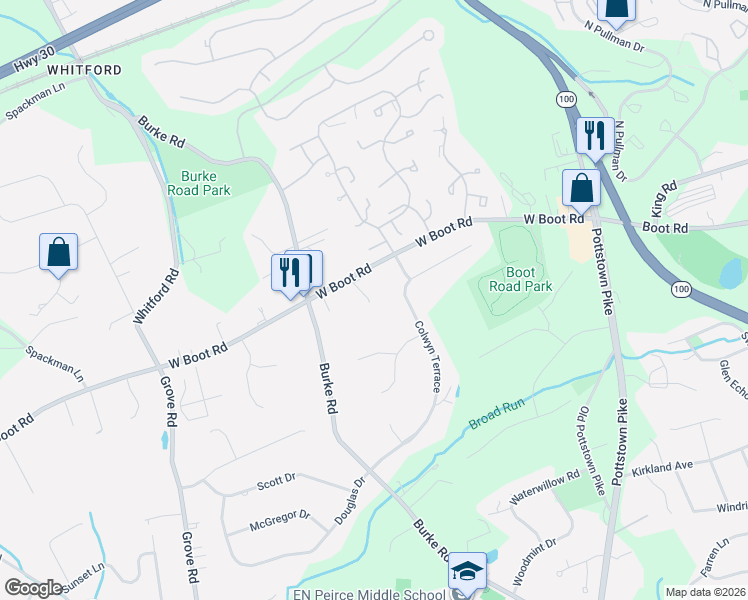 map of restaurants, bars, coffee shops, grocery stores, and more near 278 Boot Road in West Chester