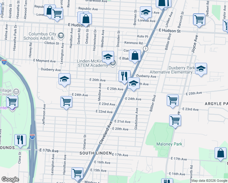 map of restaurants, bars, coffee shops, grocery stores, and more near 1975 Cleveland Avenue in Columbus