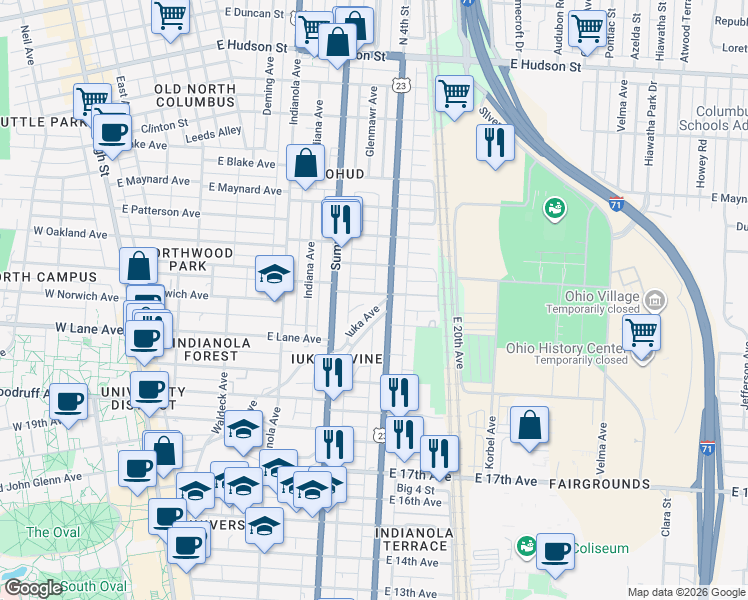 map of restaurants, bars, coffee shops, grocery stores, and more near 2121 Iuka Avenue in Columbus