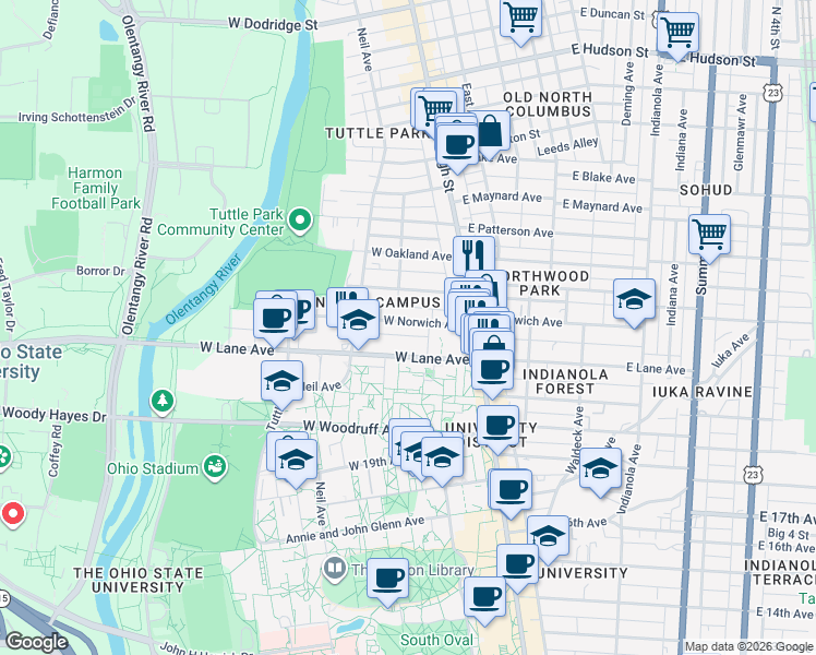 map of restaurants, bars, coffee shops, grocery stores, and more near 78 West Lane Avenue in Columbus