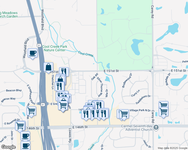 map of restaurants, bars, coffee shops, grocery stores, and more near 15022 Oak Road in Carmel