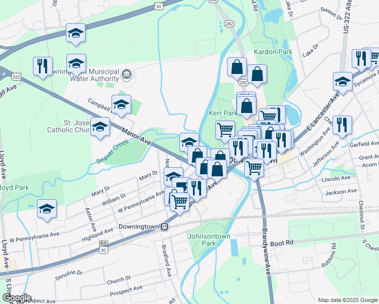 map of restaurants, bars, coffee shops, grocery stores, and more near 109 Manor Avenue in Downingtown