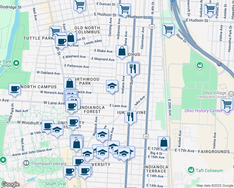 map of restaurants, bars, coffee shops, grocery stores, and more near 2148 Indianola Avenue in Columbus