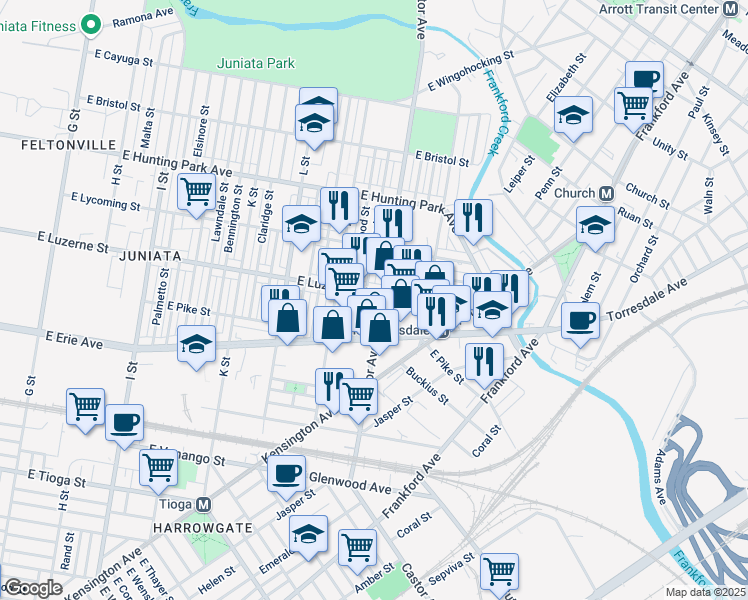 map of restaurants, bars, coffee shops, grocery stores, and more near 3900 Castor Avenue in Philadelphia