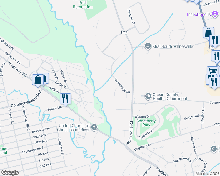 map of restaurants, bars, coffee shops, grocery stores, and more near 1644 Whitewater Court in Toms River