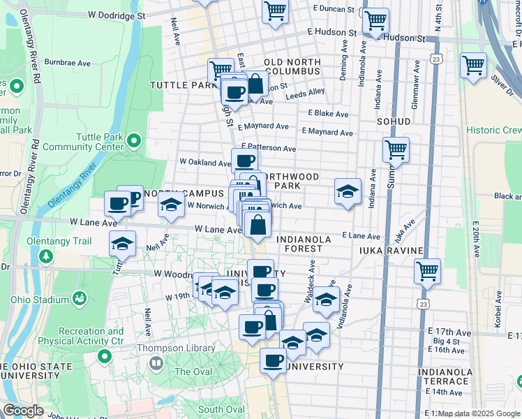 map of restaurants, bars, coffee shops, grocery stores, and more near 29 East Norwich Avenue in Columbus