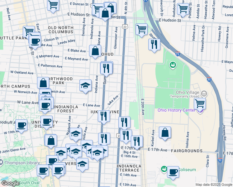 map of restaurants, bars, coffee shops, grocery stores, and more near 2121 Iuka Avenue in Columbus