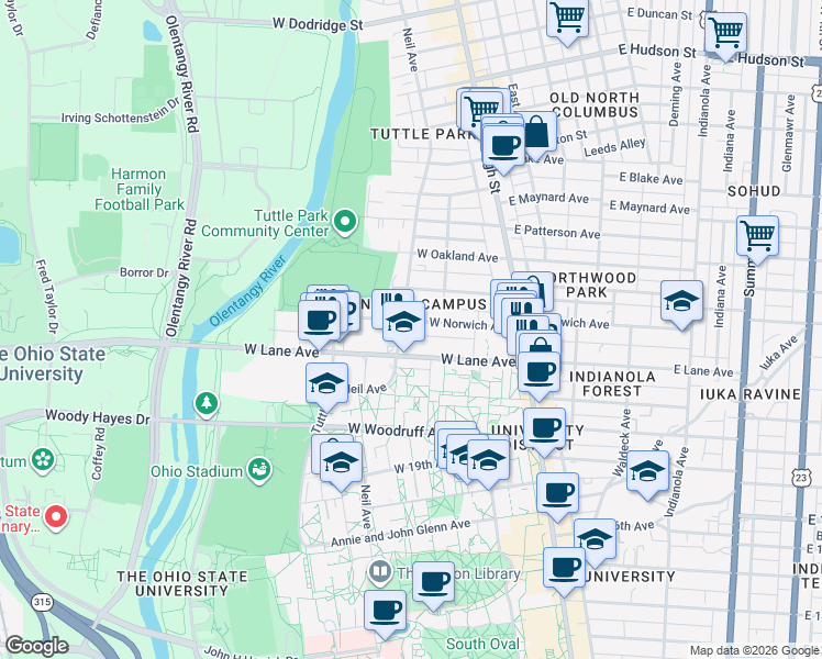 map of restaurants, bars, coffee shops, grocery stores, and more near 153 West Norwich Avenue in Columbus