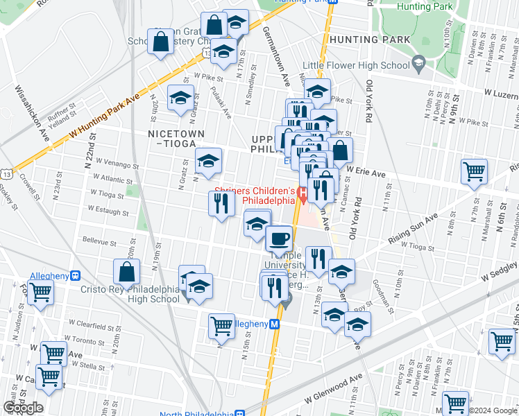 map of restaurants, bars, coffee shops, grocery stores, and more near 3511 North Sydenham Street in Philadelphia