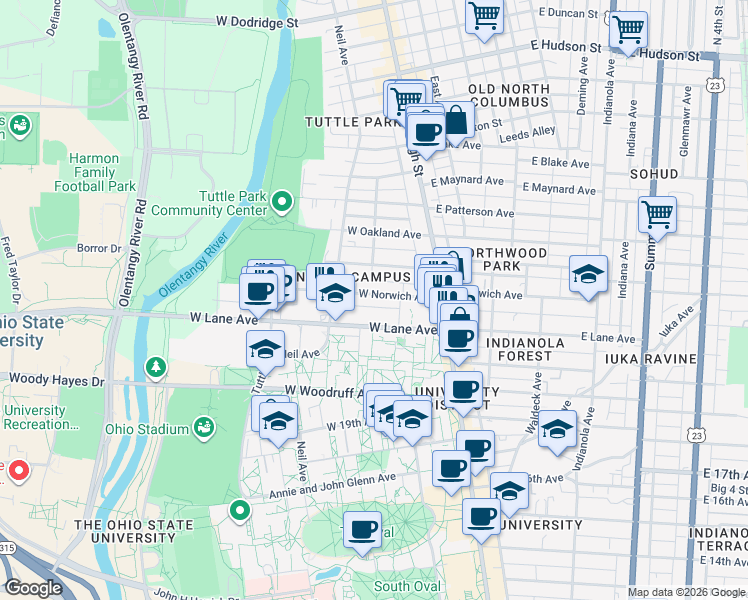 map of restaurants, bars, coffee shops, grocery stores, and more near 103 West Norwich Avenue in Columbus