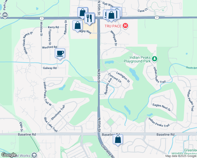 map of restaurants, bars, coffee shops, grocery stores, and more near 1211 North 95th Street in Lafayette