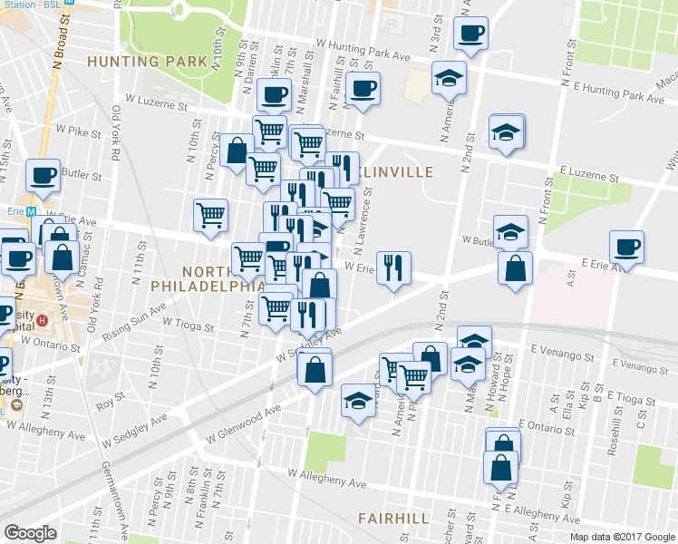 map of restaurants, bars, coffee shops, grocery stores, and more near 3645 North 5th Street in Philadelphia