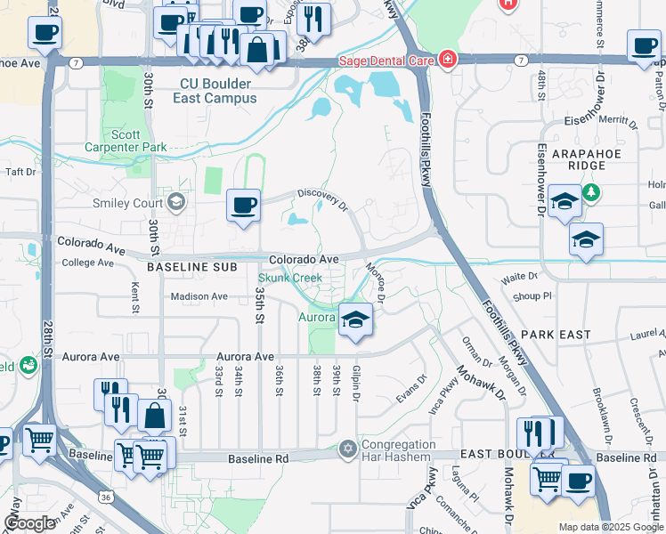 map of restaurants, bars, coffee shops, grocery stores, and more near 3950 Colorado Avenue in Boulder