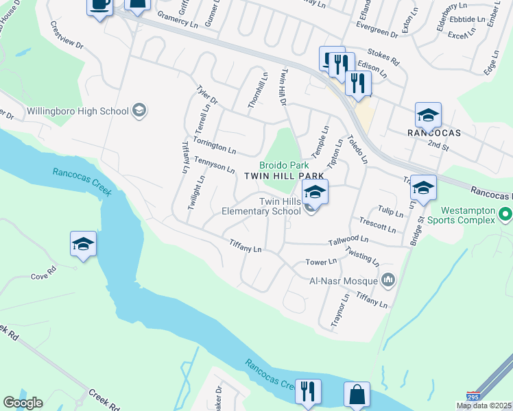 map of restaurants, bars, coffee shops, grocery stores, and more near 26 Timber Lane in Willingboro
