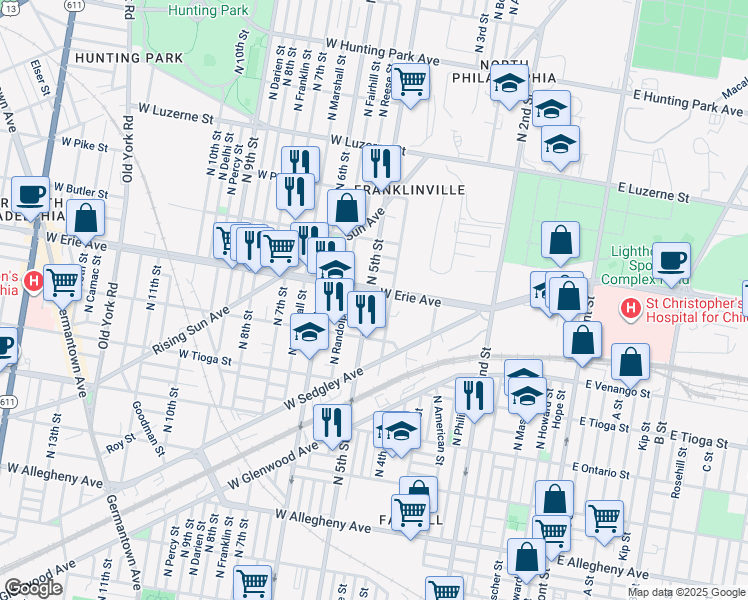 map of restaurants, bars, coffee shops, grocery stores, and more near 3645 North 5th Street in Philadelphia