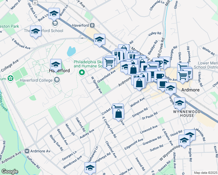 map of restaurants, bars, coffee shops, grocery stores, and more near 122 Ardmore Avenue in Ardmore