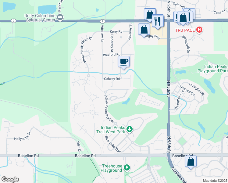 map of restaurants, bars, coffee shops, grocery stores, and more near 3097 Red Deer Trail in Lafayette