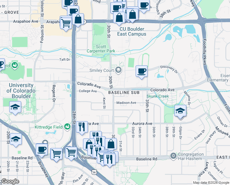 map of restaurants, bars, coffee shops, grocery stores, and more near 1121 30th Street in Boulder