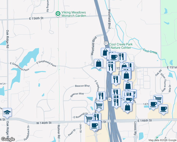 map of restaurants, bars, coffee shops, grocery stores, and more near 1442 Olde Briar Lane in Carmel