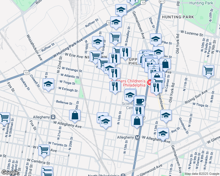 map of restaurants, bars, coffee shops, grocery stores, and more near 1711 West Tioga Street in Philadelphia