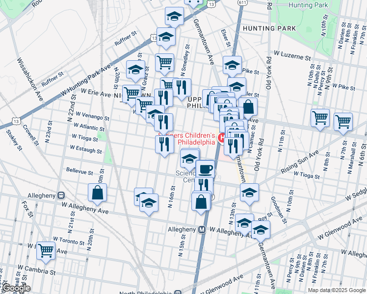 map of restaurants, bars, coffee shops, grocery stores, and more near 3517 North 16th Street in Philadelphia