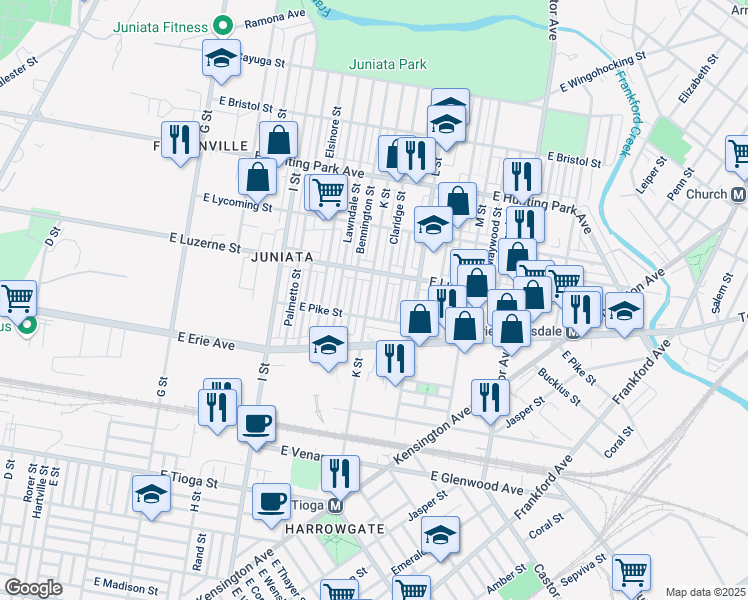 map of restaurants, bars, coffee shops, grocery stores, and more near 3923 K Street in Philadelphia