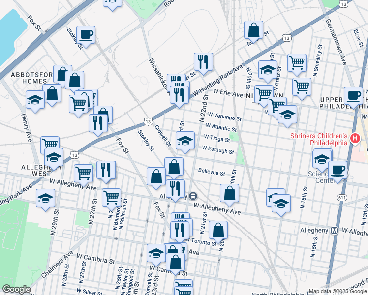 map of restaurants, bars, coffee shops, grocery stores, and more near 2232 West Estaugh Street in Philadelphia