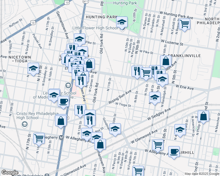 map of restaurants, bars, coffee shops, grocery stores, and more near 3601 North 11th Street in Philadelphia