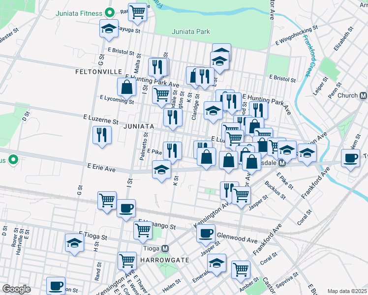 map of restaurants, bars, coffee shops, grocery stores, and more near 3923 K Street in Philadelphia