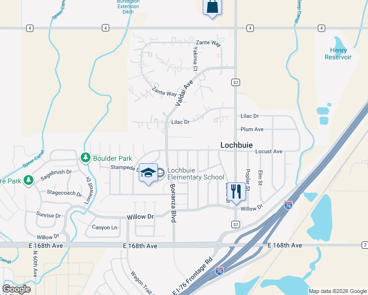 map of restaurants, bars, coffee shops, grocery stores, and more near 220 Valdai Street in Lochbuie