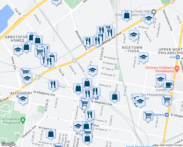 map of restaurants, bars, coffee shops, grocery stores, and more near 2236 West Estaugh Street in Philadelphia