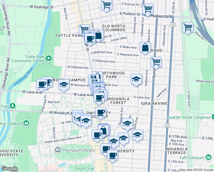 map of restaurants, bars, coffee shops, grocery stores, and more near 2154 Tuller Street in Columbus