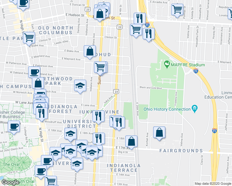 map of restaurants, bars, coffee shops, grocery stores, and more near North 4th Street & Iuka Avenue in Columbus