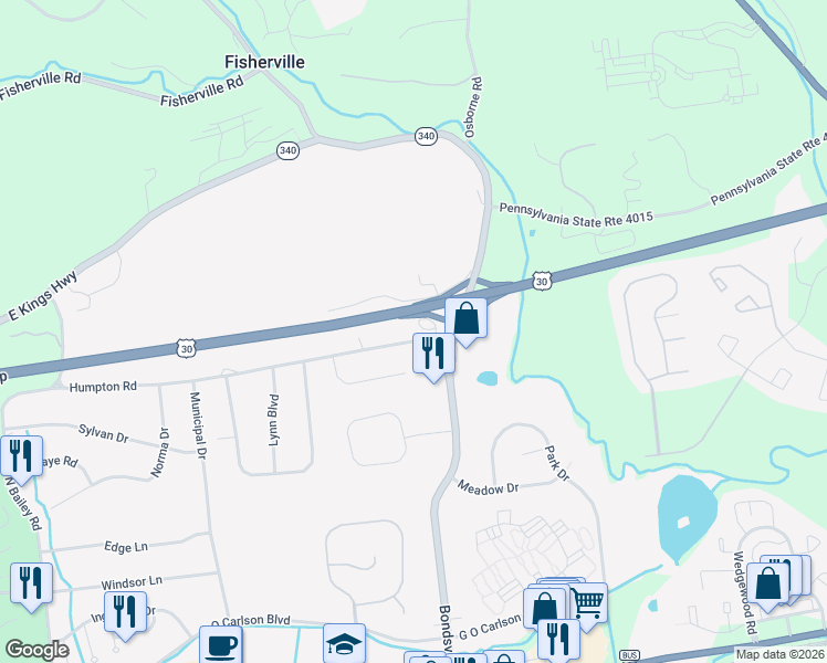 map of restaurants, bars, coffee shops, grocery stores, and more near 3808 Humpton Road in Downingtown