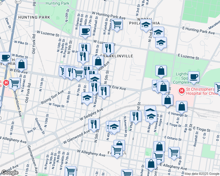 map of restaurants, bars, coffee shops, grocery stores, and more near 3626 North Lawrence Street in Philadelphia