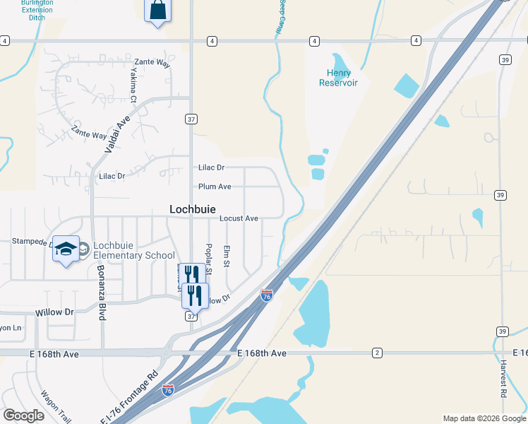 map of restaurants, bars, coffee shops, grocery stores, and more near 416 Willow Drive in Lochbuie