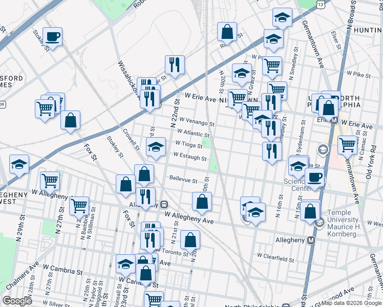 map of restaurants, bars, coffee shops, grocery stores, and more near 2053 West Ontario Street in Philadelphia
