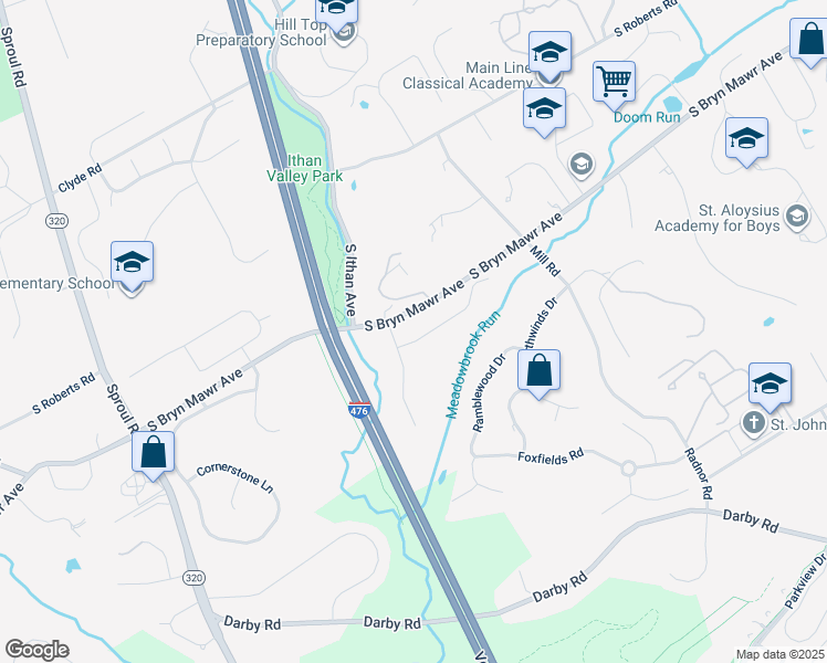 map of restaurants, bars, coffee shops, grocery stores, and more near 402 Wyntre Lea Drive in Bryn Mawr