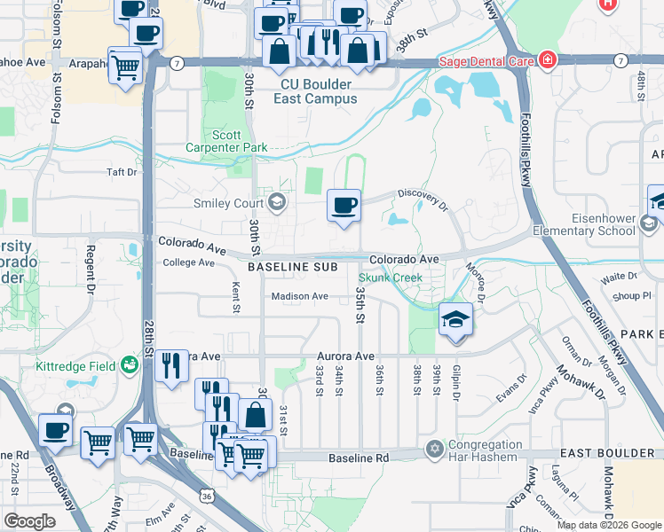 map of restaurants, bars, coffee shops, grocery stores, and more near 1135 35th Street in Boulder
